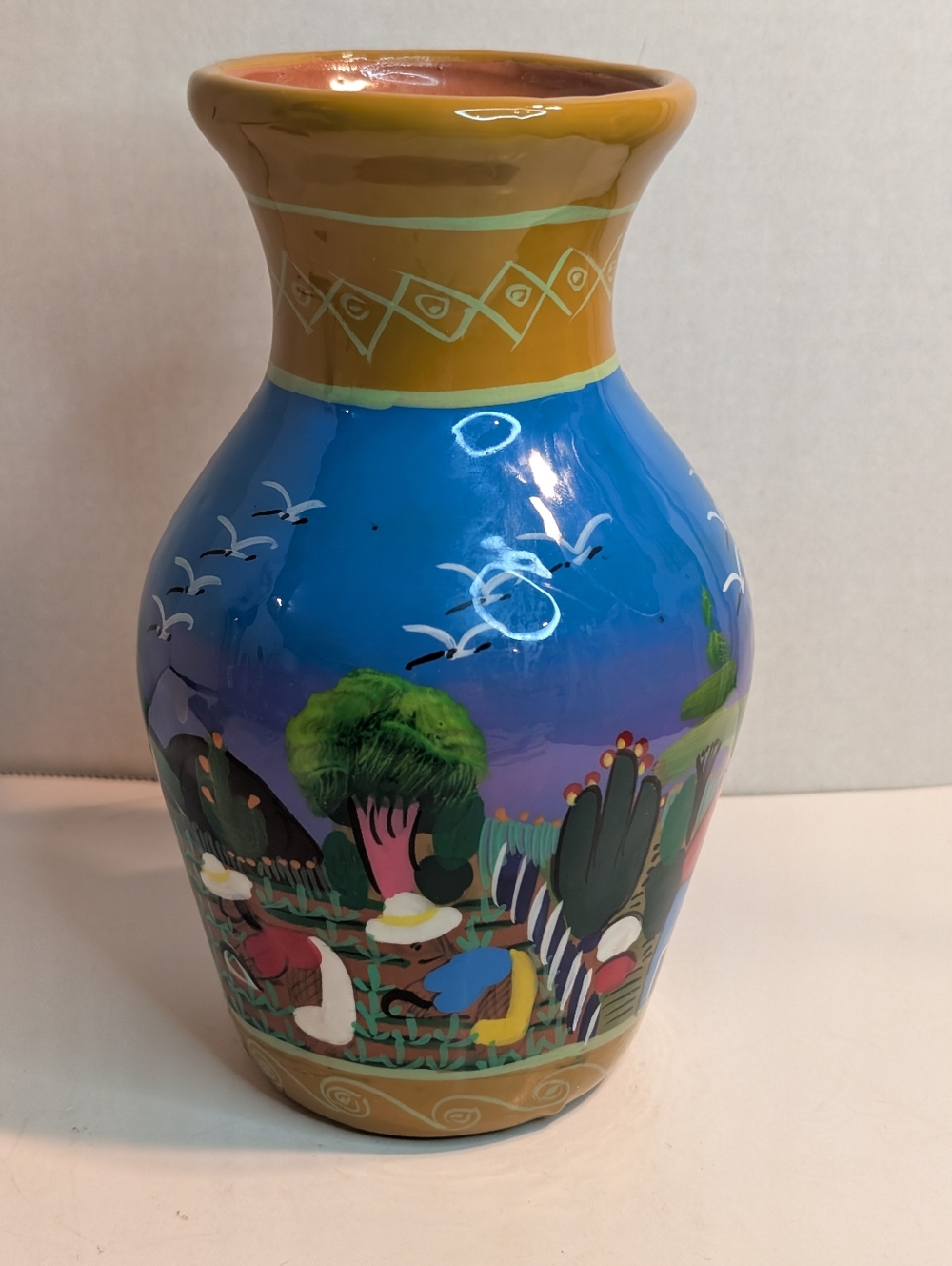 Mexican Folk Art Vase Hand Painted Red Clay Pottery